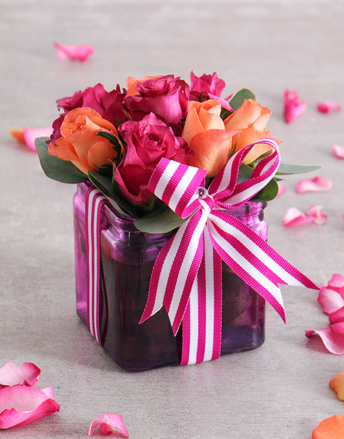 roses Cerise Rose and Ribbon in a Square Vase