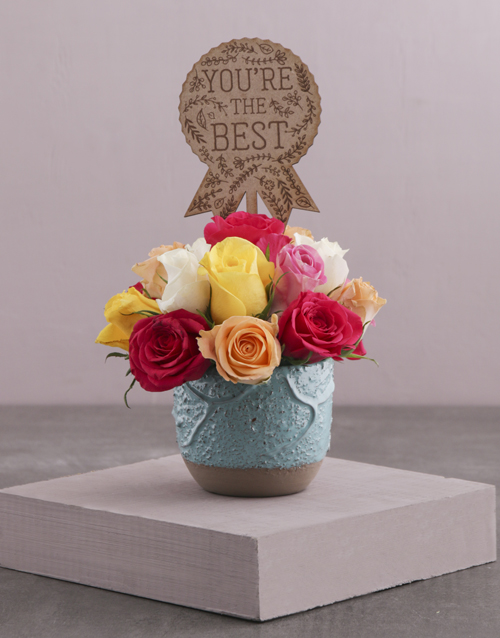 The Best Mixed Roses in a Turquoise Pot