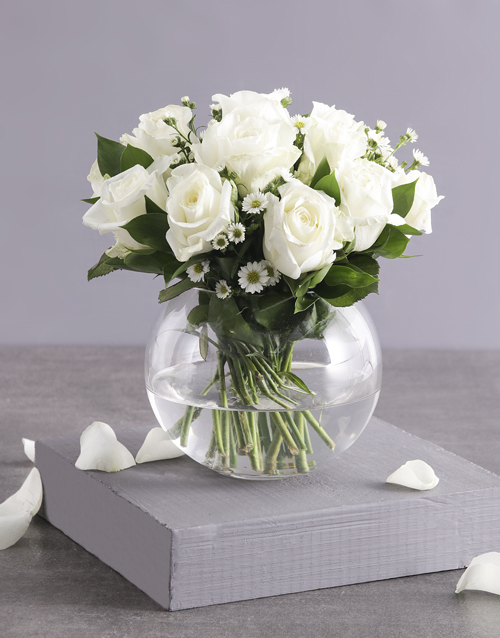 roses Celestial White Roses in Fish Bowl Vase