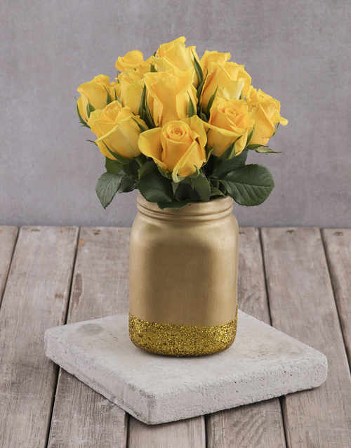 roses Yellow Roses in Gold Consol Jar