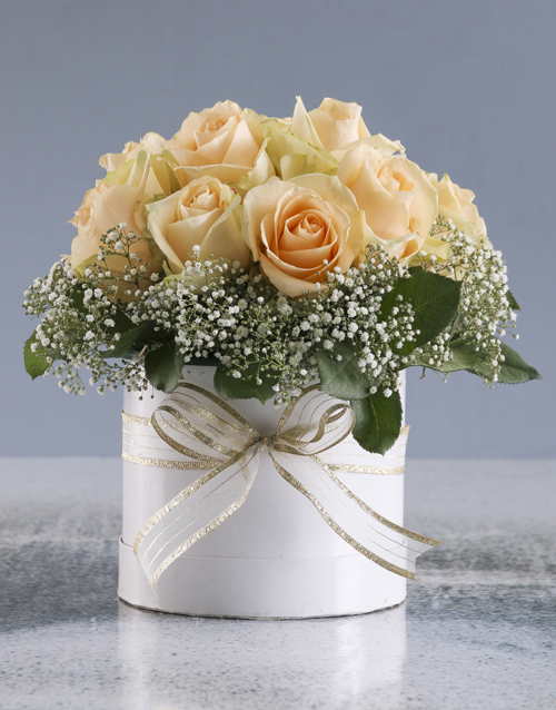 roses Peach Roses In White Round Box