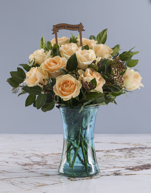 roses Happy Birthday Peach Roses In Blue Cylinder Vase