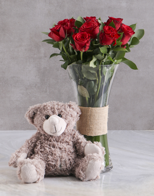 Love Grow Red Roses With Brown Teddy Bear