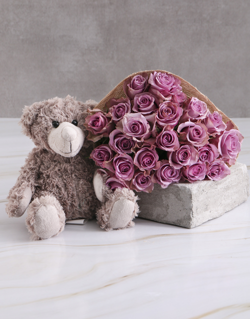 roses Lilac Roses With Teddy Bear