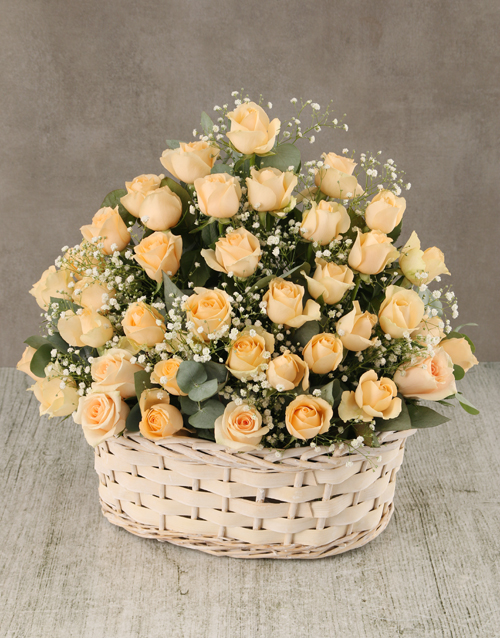 Cream Roses in Wicker Basket