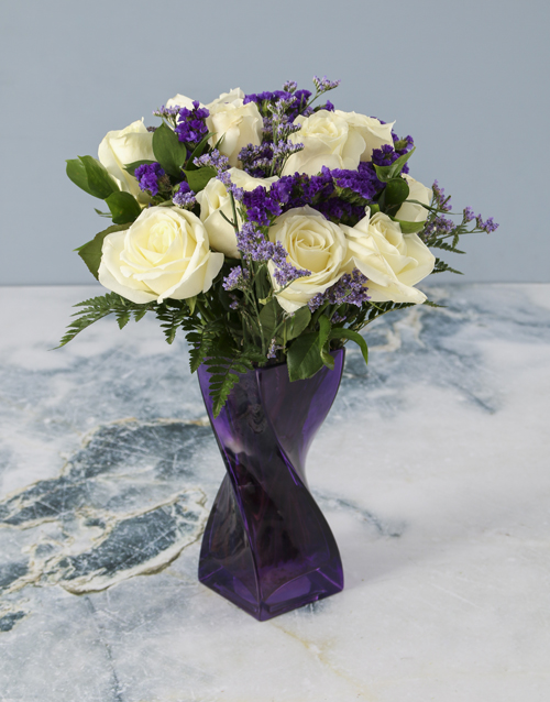 Purple Pleasures White Rose Arrangement