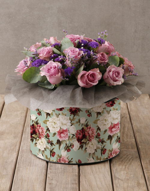 roses Lilac Roses in Floral Hatbox