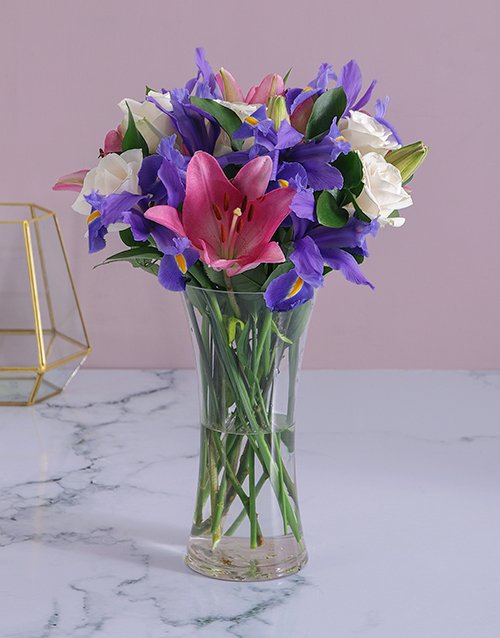 Roses and Irises in a Flair Vase