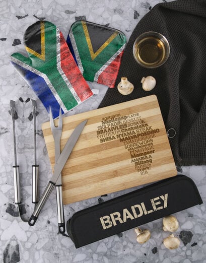 Personalised Braai Board And Braai Set — SA flag Father's Day braai gift