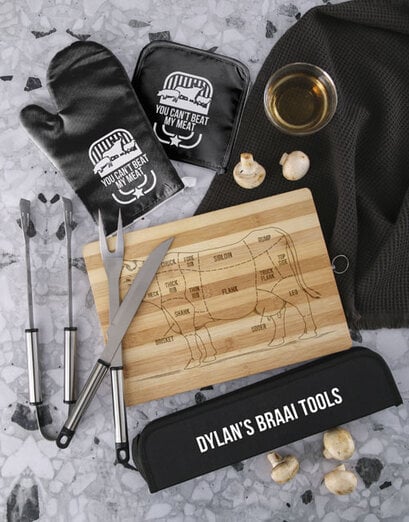 Personalised Steak Cuts Braai Gift Set — personalised braai board for dad