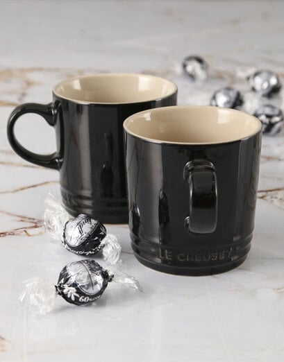 Shiny Black Le Creuset Mugs and Chocolate